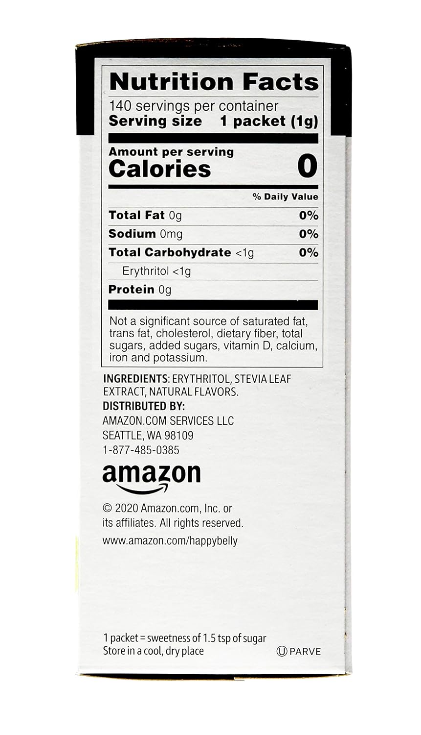 Endulzante Stevia en polvo, Happy Belly, 0 Calorías, 140 Paquetes