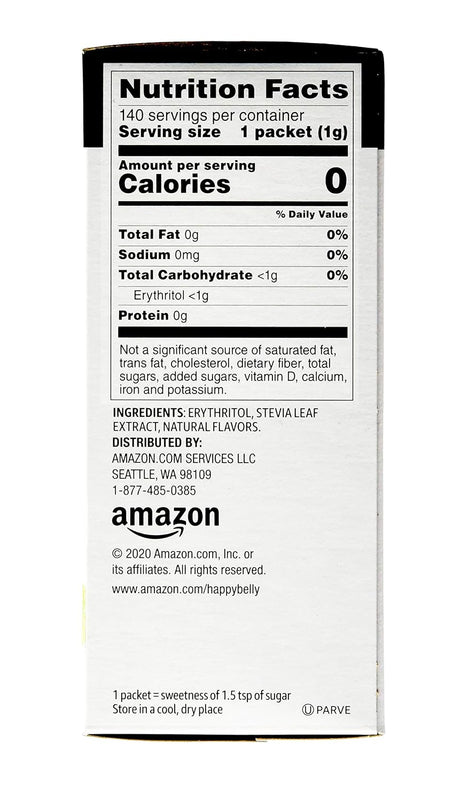 Endulzante Stevia en polvo, Happy Belly, 0 Calorías, 140 Paquetes