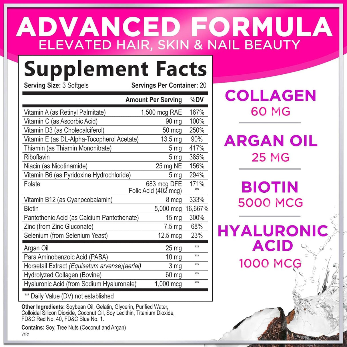 Vitaminas para cabello, piel y uñas - Biotina 5000mcg, 60 cápsulas