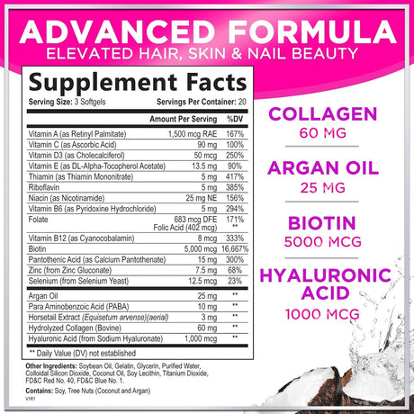 Vitaminas para cabello, piel y uñas - Biotina 5000mcg, 60 cápsulas
