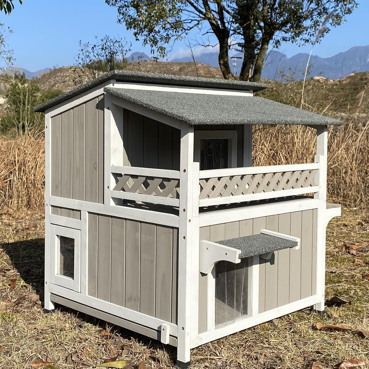 Casa de Gato Feral - Madera Resistente al Agua, Dos Pisos, Balcón