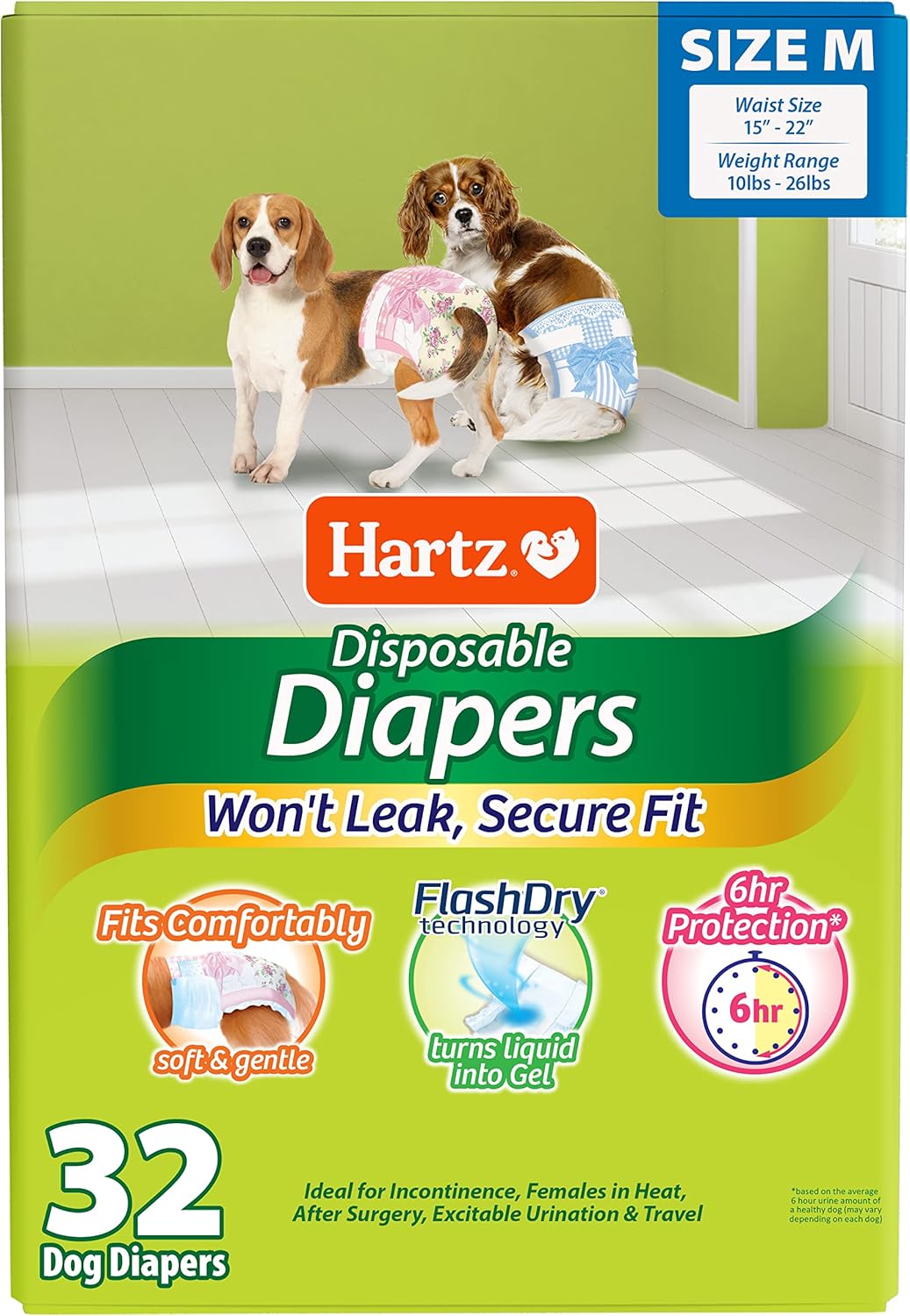 Pañales desechables para perros con tecnología FlashDry Gel - M, 32 unidades