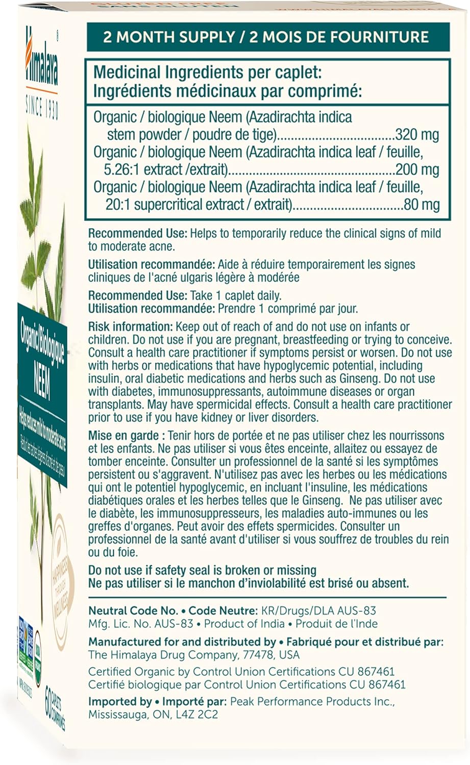Suplemento Himalaya Organic Neem Alivio del acné 2 unidades