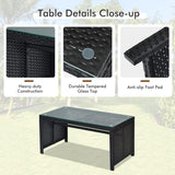 Goplus Juego de muebles de ratán para patio, 4 piezas, sofá y mesa de mimbre para exteriores con cojines suaves y mesa de centro de vidrio templado para balcón, jardín, patio trasero (turquesa)