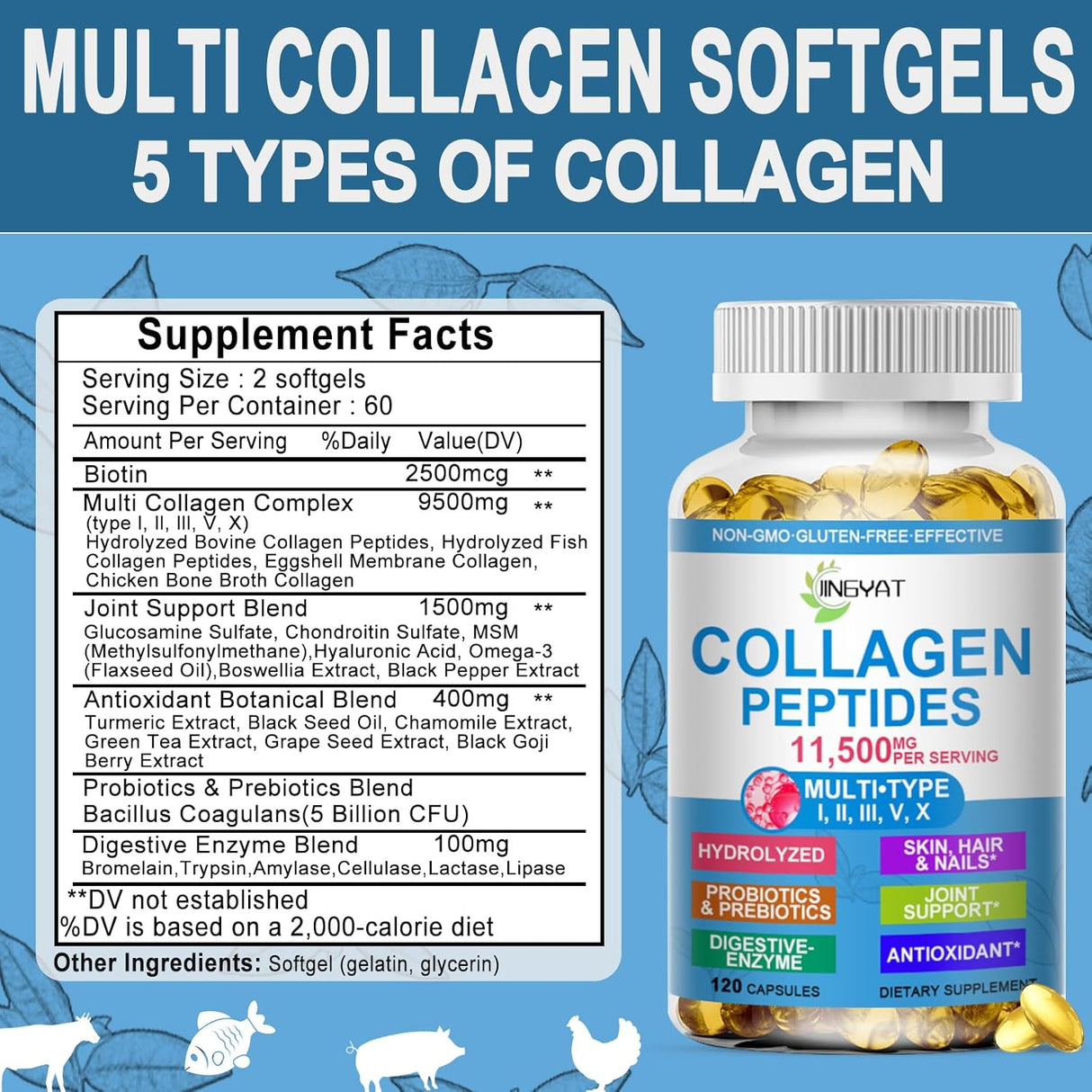 Colágeno Peptidos Suaves, Multi con Glucosamina y MSM, Biotín
