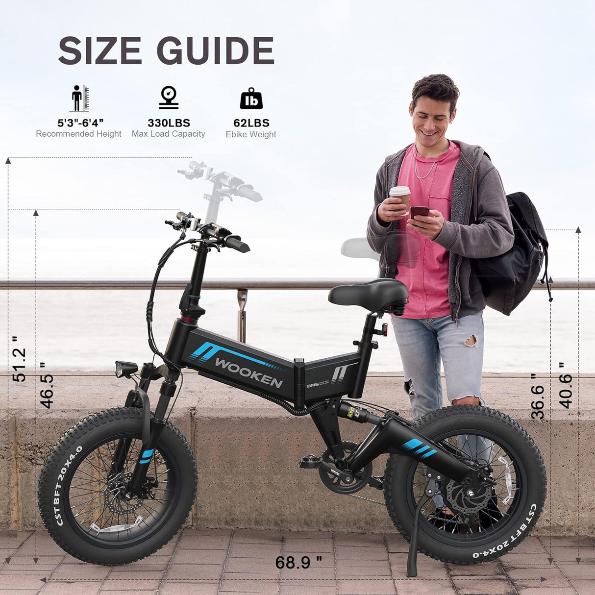 Bicicleta Eléctrica TotGuard 500W, Plegable, 20 Fat Tire