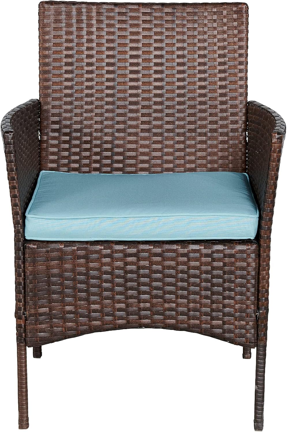 BTEXPERT Juego de 3 piezas de mimbre para exteriores, ahorro de espacio, para jardín, patio, porche, muebles de ratán PE, dos sillas, cojines, mesa de almacenamiento lateral marrón/azul aguamarina
