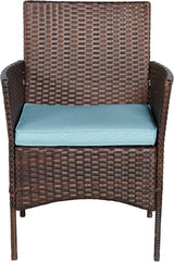 BTEXPERT Juego de 3 piezas de mimbre para exteriores, ahorro de espacio, para jardín, patio, porche, muebles de ratán PE, dos sillas, cojines, mesa de almacenamiento lateral marrón/azul aguamarina
