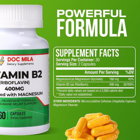 Suplemento de B2 Riboflavina 400mg – Alivio de migrañas, 60 cápsulas
