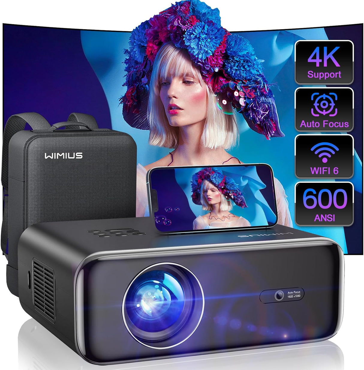 Proyector 4K con WiFi 6 y Bluetooth 5.2 P62 WiMiUS