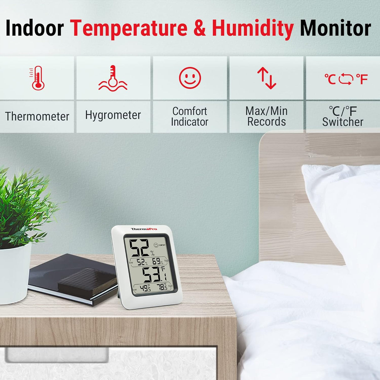 Termómetro y higrómetro digital ThermoPro TP50, monitor de temp.