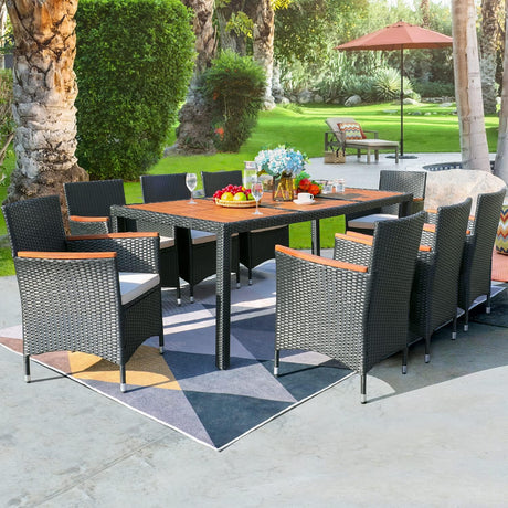 Flamaker Juego de comedor de 9 piezas para patio, mesa y sillas de madera de acacia al aire libre con cojines suaves, muebles de patio de mimbre para terraza, patio trasero, jardín