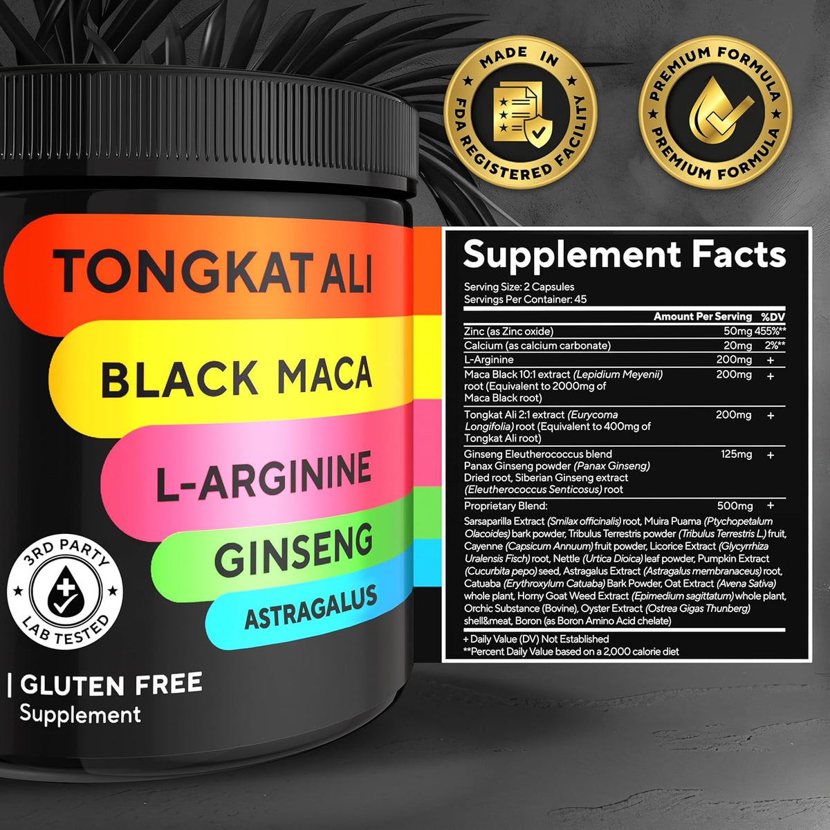 Suplemento para hombres Tongkat Ali 20 en 1 con Astrágalo Marca 90 cápsulas