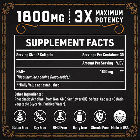 Suplemento Liposomal NAD 1800 MG, Energía y Reparación, 60 Cápsulas