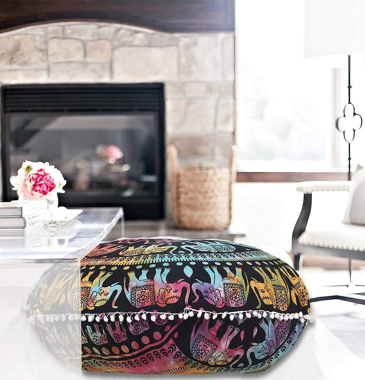 Funda bohemia para cojín, de 32 pulgadas, con diseño de mandala, para meditación, decorativa, otomana, grande, para exteriores, decoración del hogar, decoración de arte en el hogar, redonda, con pompones de algodón, cómoda