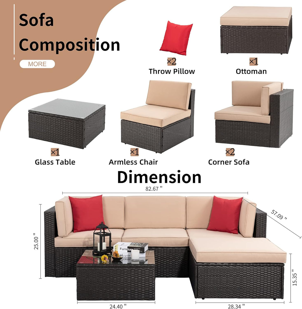 Shintenchi Juego de muebles de patio de 5 piezas para exteriores para todo tipo de clima, juego de sofá seccional de ratán de polietileno con mesa de cristal, cojín otomano y almohadas rojas