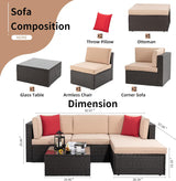Shintenchi Juego de muebles de patio de 5 piezas para exteriores para todo tipo de clima, juego de sofá seccional de ratán de polietileno con mesa de cristal, cojín otomano y almohadas rojas