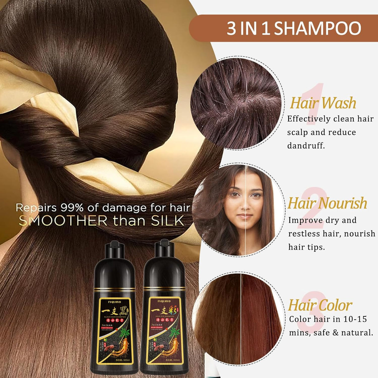 Shampoo de tinte para cabello negro natural 3 en 1 Yocisku