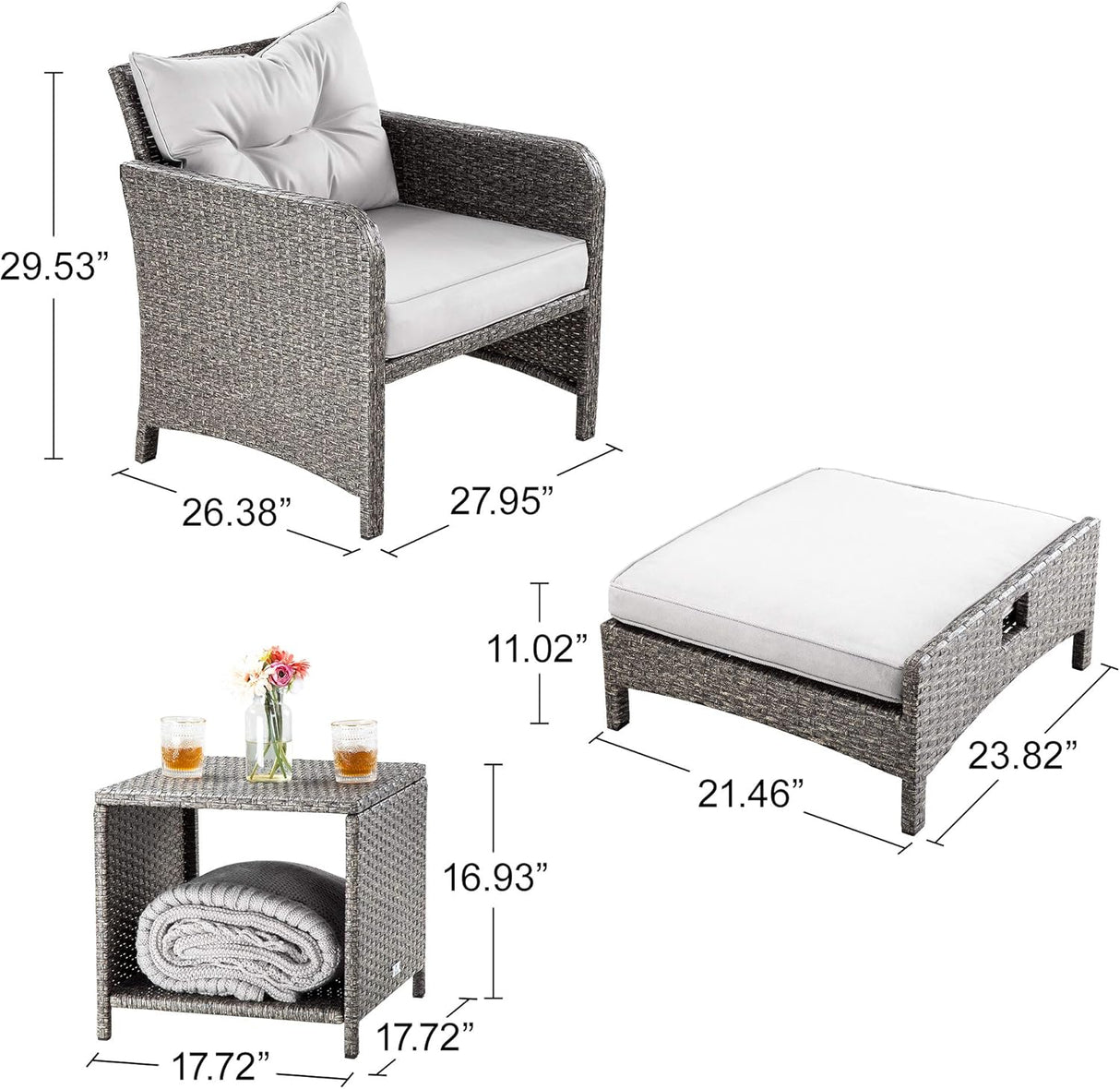 Pamapic Juego de 5 sillas de mimbre para patio al aire libre con otomana. Juego de muebles de conversación exterior con cojines y café para balcón, porche, césped, mesa de jardín (cojín gris + ratán gris claro)