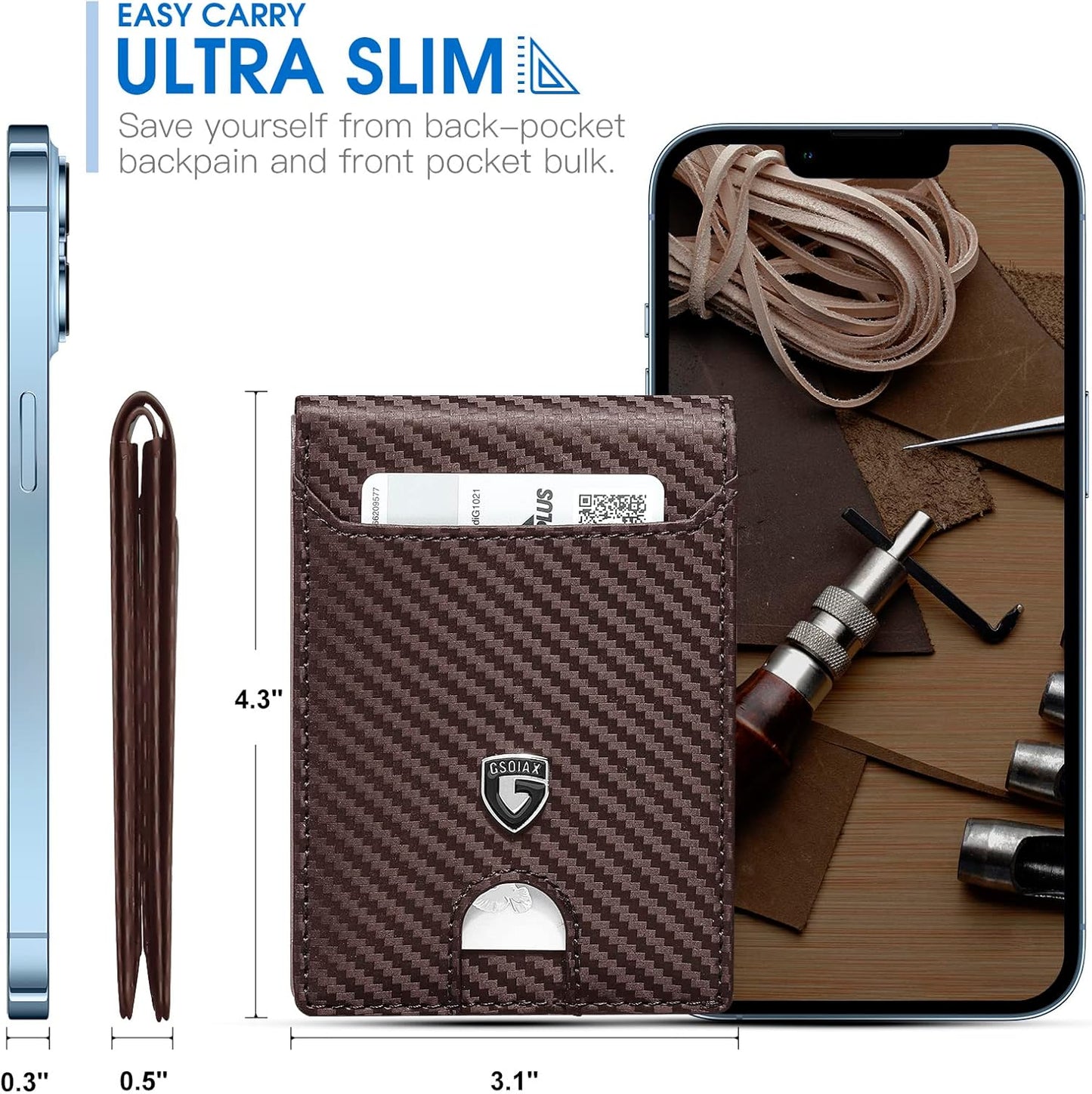 Cartera Slim GSOIAX RFID, Cuero, Bifold, Clip de Dinero