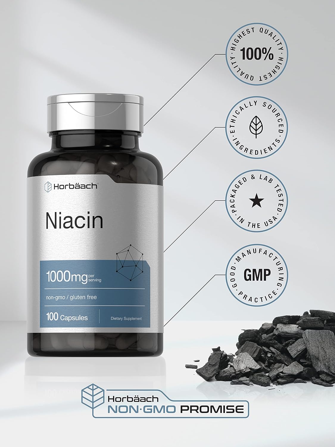 Suplemento Vitamina B3 de niacina 1000 mg 100 cápsulas