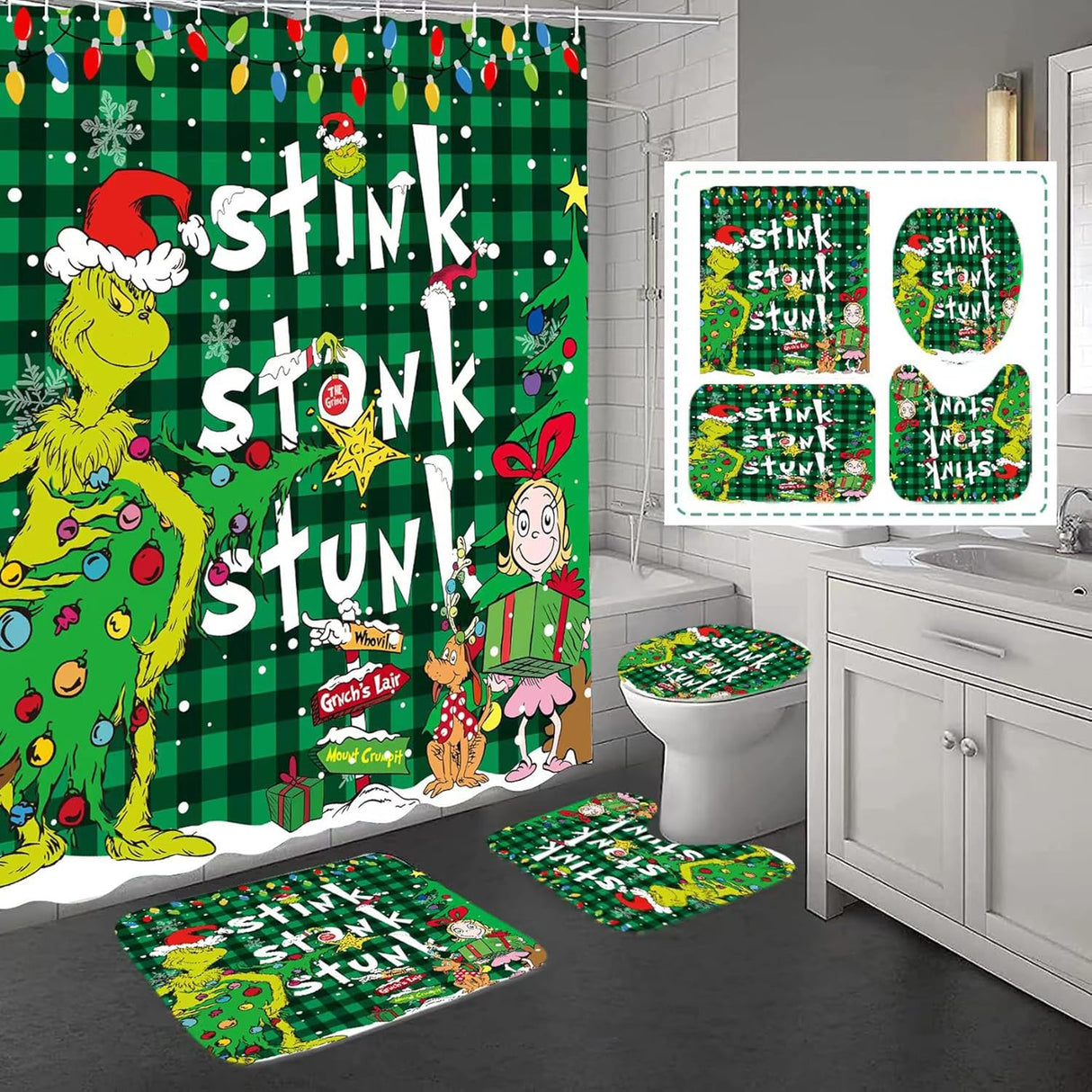 Juego de Cortina de Baño Navidad, incluye Alfombras y Ganchos