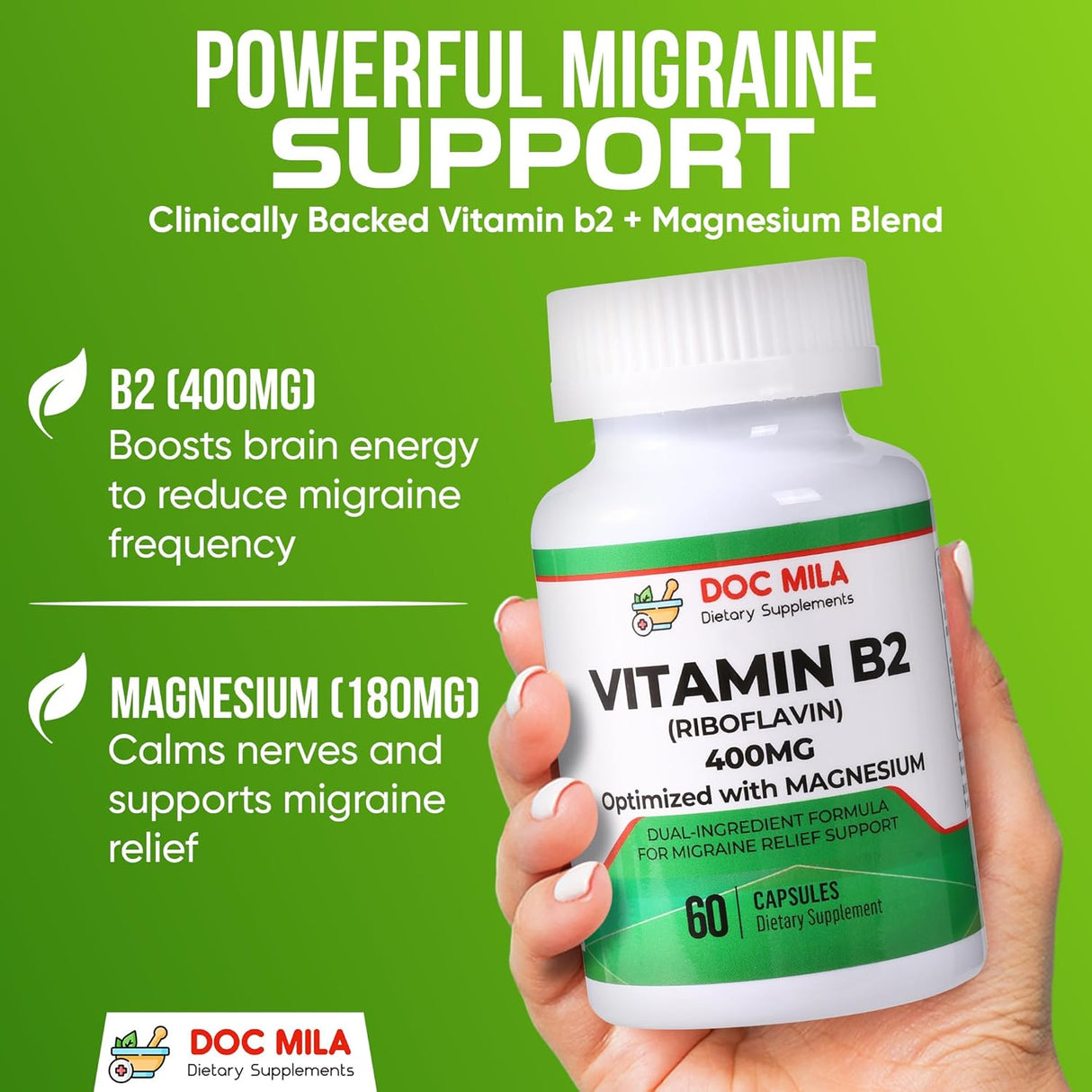 Suplemento de B2 Riboflavina 400mg – Alivio de migrañas, 60 cápsulas