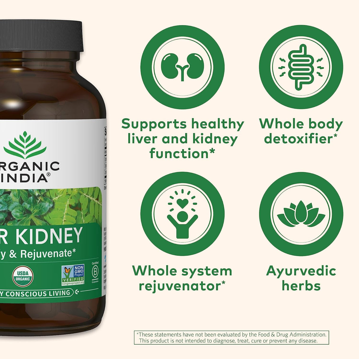 Suplemento ORGANIC INDIA herbario de riñón hepático 180 cáp