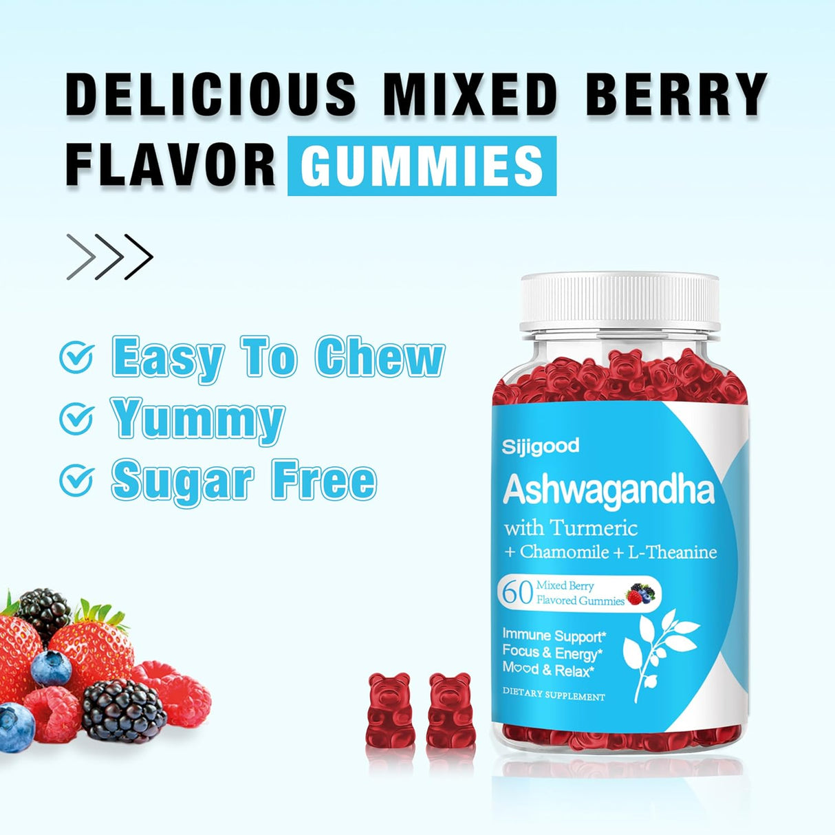 2 Pack Gummies Ashwagandha con L-theanine, 120 Mixed Berry
