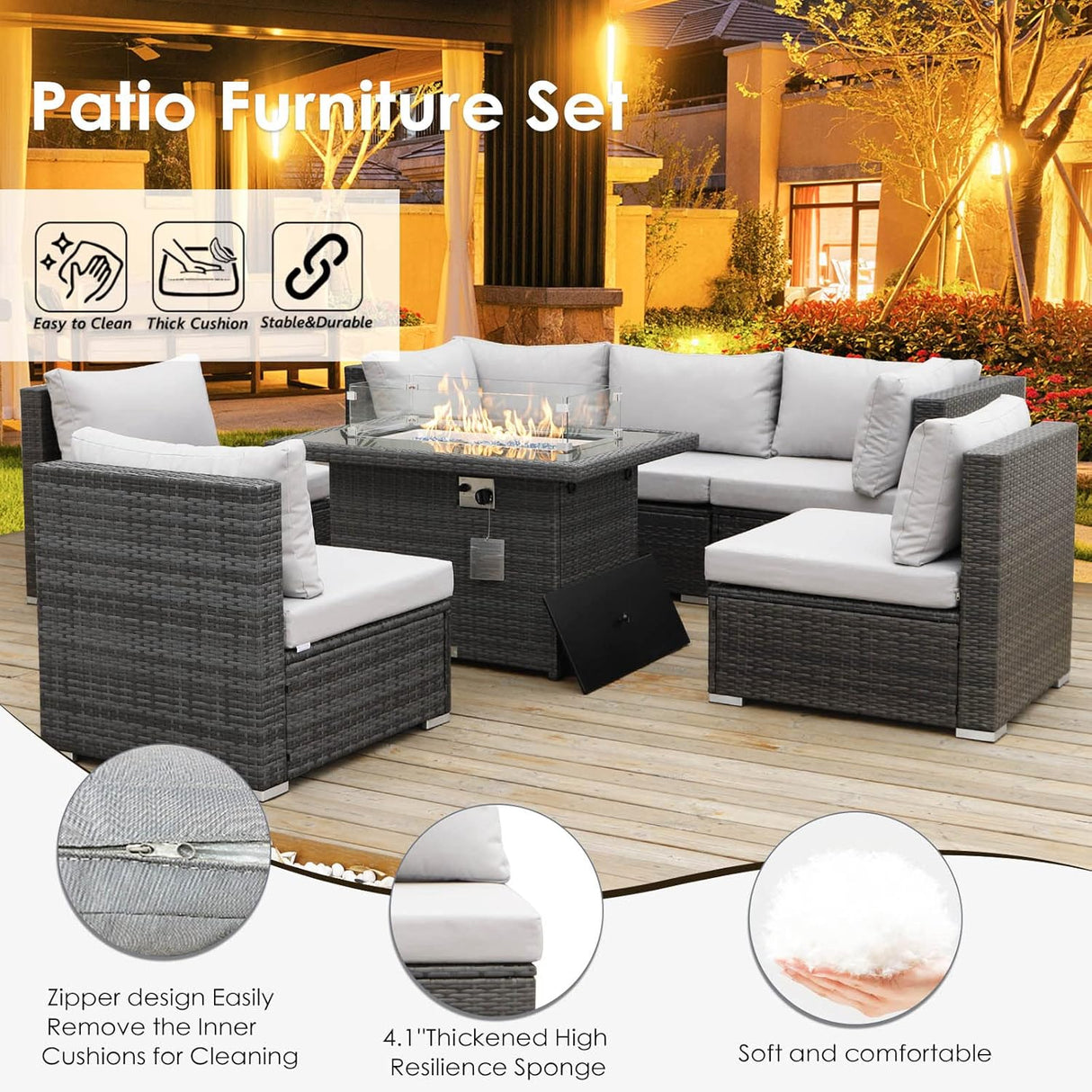 RADIATA Juego de muebles de mimbre de polietileno para patio, sofá seccional de respaldo alto, juegos de sofá de gran tamaño con mesa para fogata de propano, 55000 BTU, juegos de conversación de ratán para exteriores (7 piezas, gris claro)