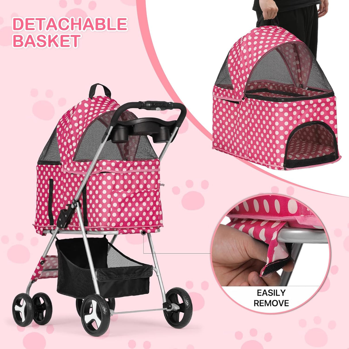 Carrito para mascotas MoNiBloom 3 en 1 con transportín desmontable