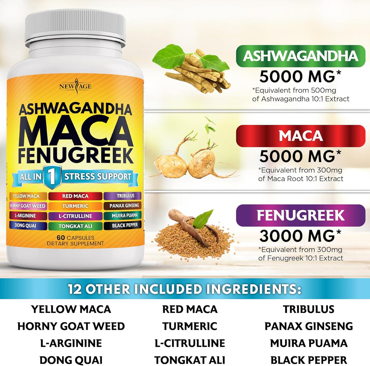 Suplemento de Ashwagandha Maca y Fenogreco con Ginseng