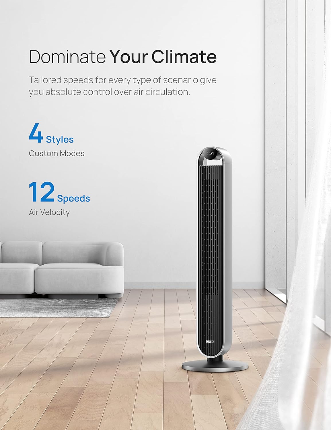 Ventilador Dreo Torre 42, 120° Oscilante, 12 Velocidades, Pilot Max S