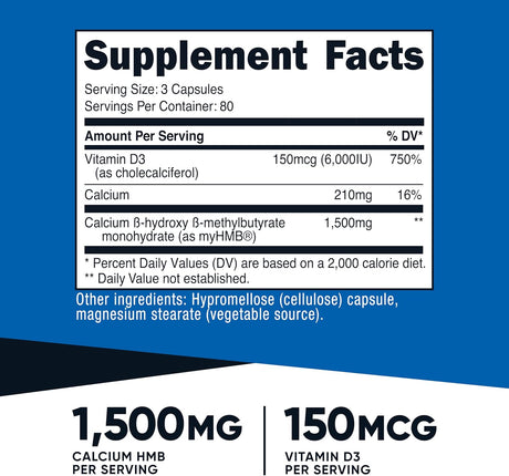 Nutricost HMB 1500mg + Vitamina D3 6000UI, 240 cápsulas