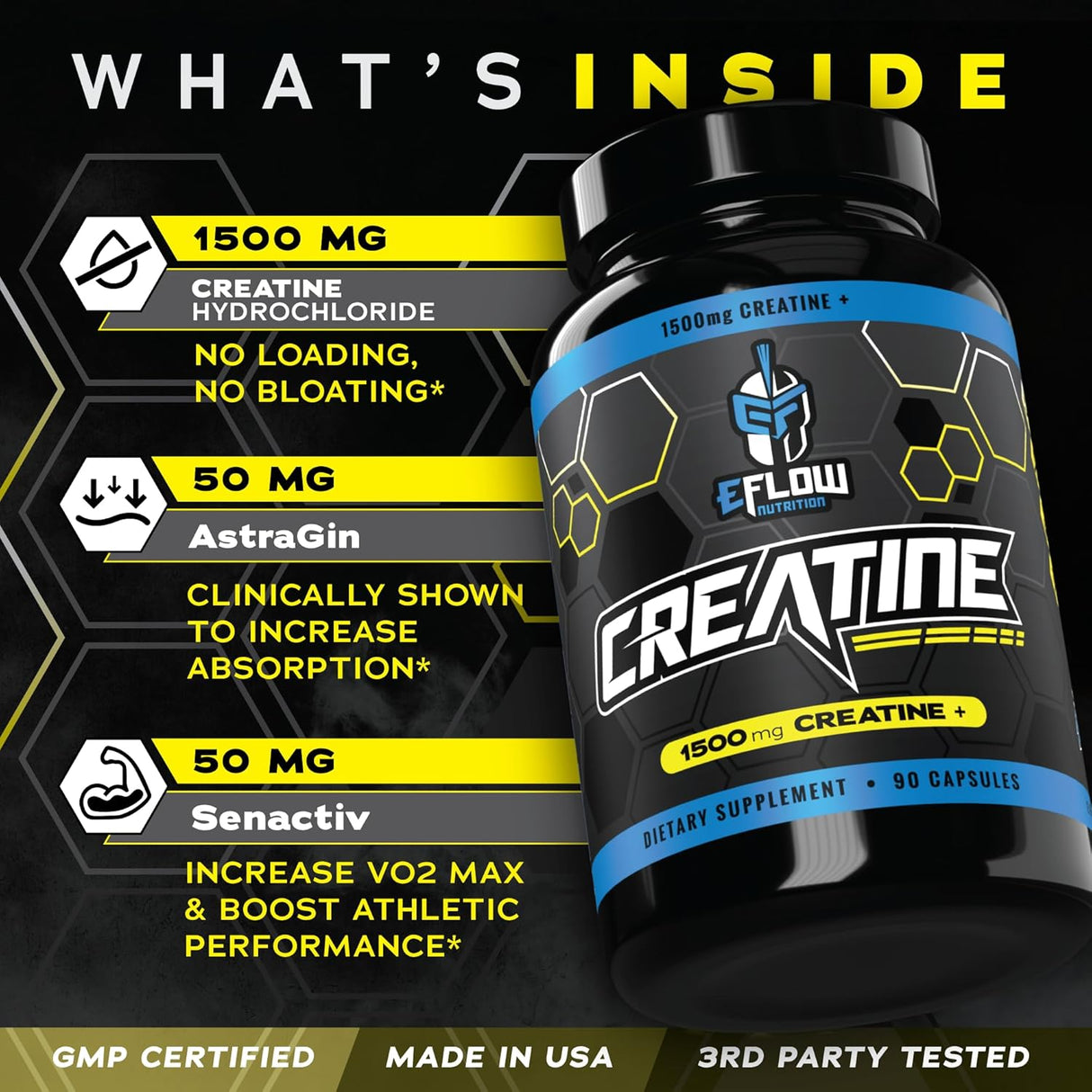 eFlow Creatina Cápsulas, Suplemento de Fuerza 1500mg, 90 cápsulas