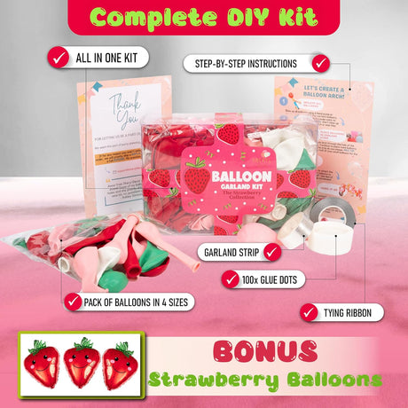 Kit de Arco Globos Fresa con Guirnalda y Bonus - Decoración Fiesta