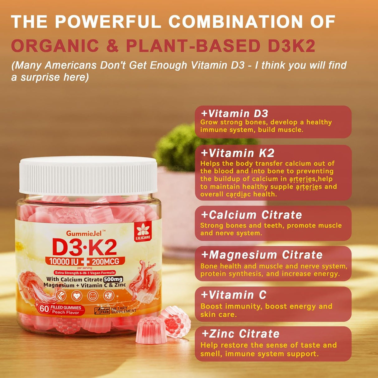 Vitamin D3 K2 Gummies 5000IU 10000IU Vegano 60u