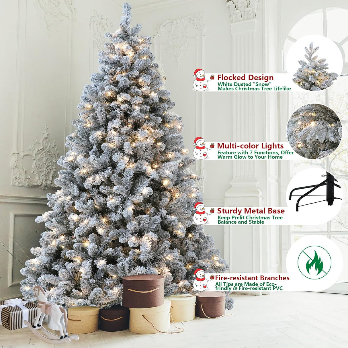 Árbol de Navidad Nevado de 7.5 ft con Luces y Funciones