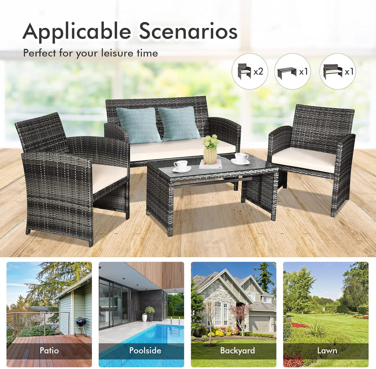 Goplus Juego de muebles de ratán de 4 piezas, sofá de conversación de mimbre para exteriores con cojines resistentes a la intemperie y mesa de vidrio templado para césped, patio, piscina, jardín (beige)