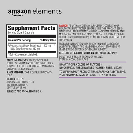 Trans-Resveratrol 250 mg, Amazon Elements, 60 Cápsulas Vegan