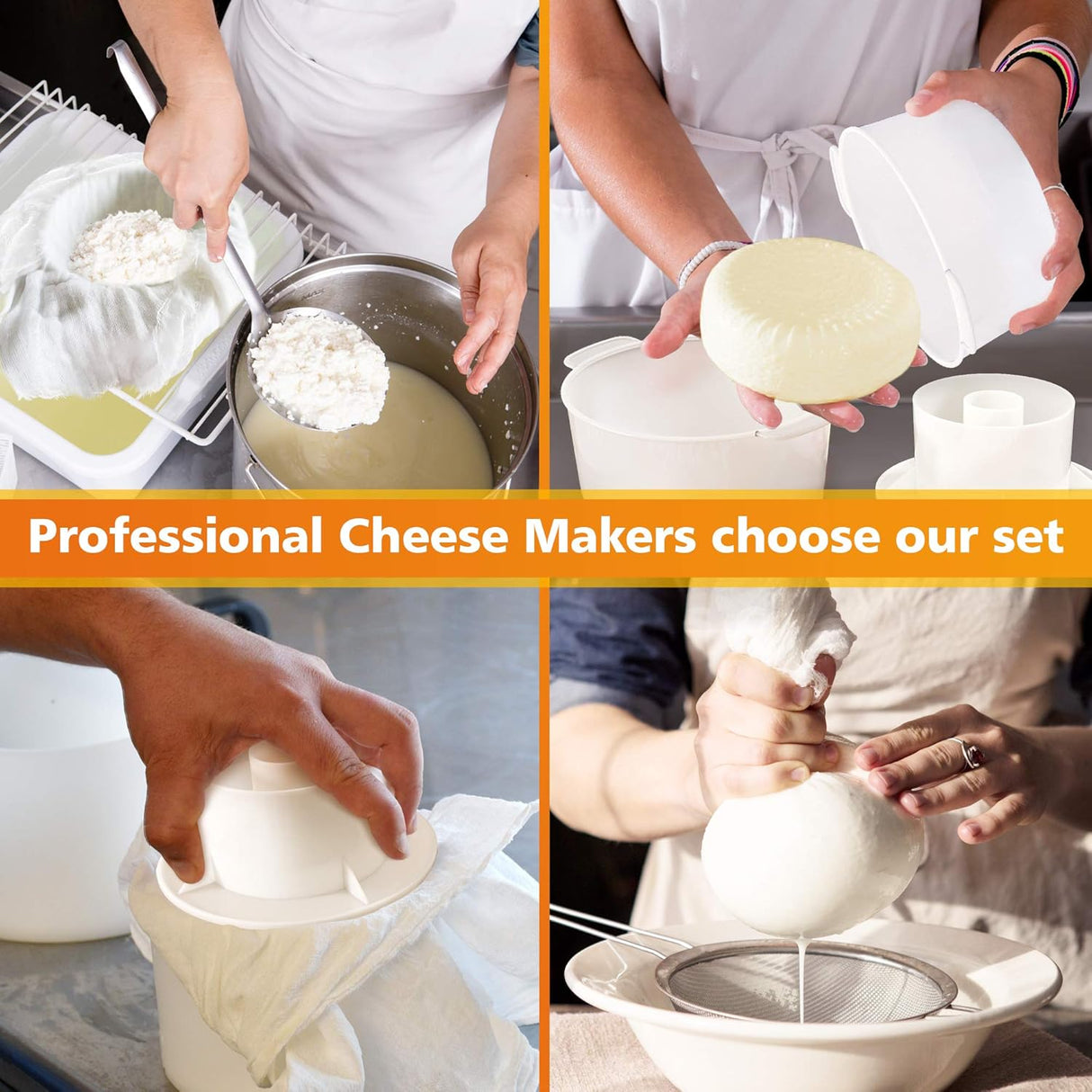 Moldes de queso con seguidor y estopilla con prensa