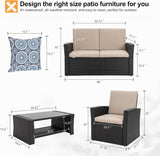 Shintenchi Juego de muebles de patio al aire libre de 4 piezas, sofá seccional de ratán de mimbre con mesa de centro de cristal | Negro