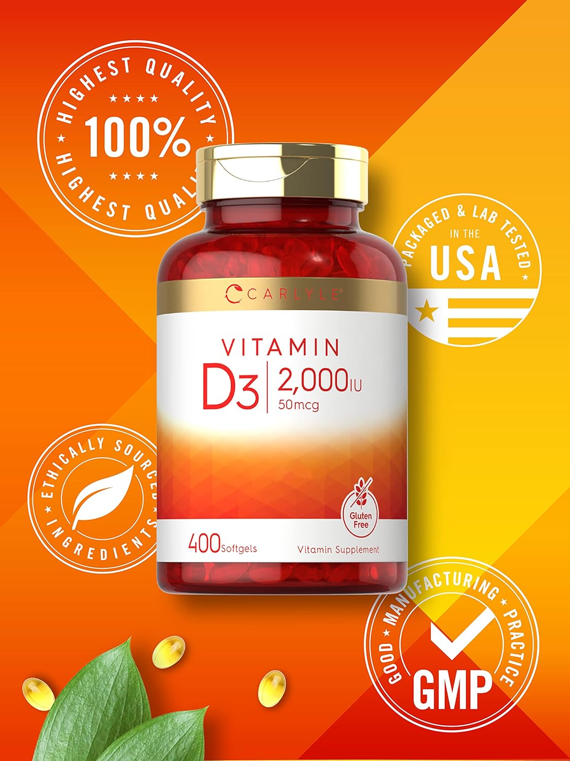 Suplemento de Vitamina D3 2000IU Carlyle 400 Softgels Non-GMO