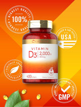 Suplemento de Vitamina D3 2000IU Carlyle 400 Softgels Non-GMO