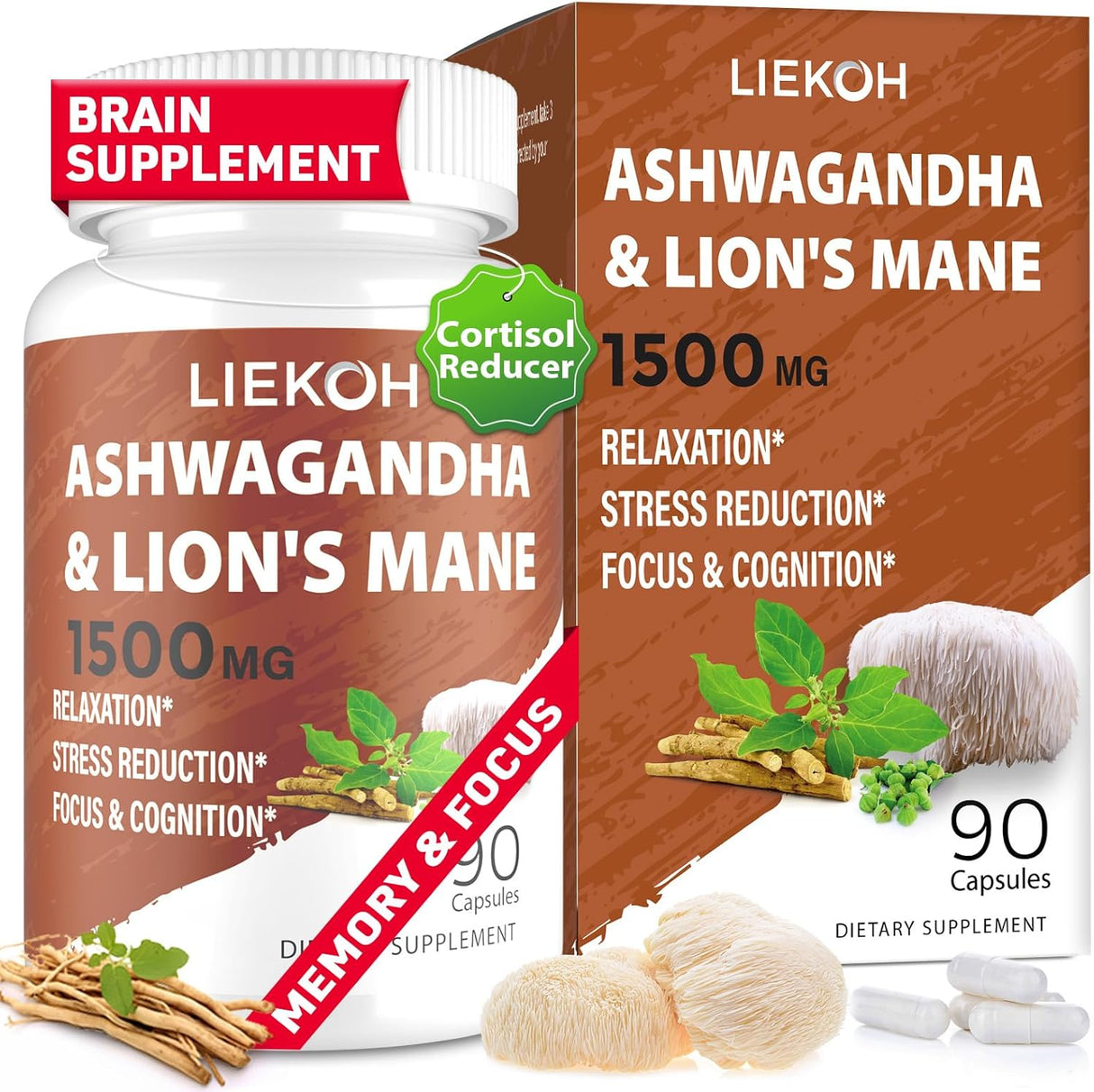Cápsulas de Ashwagandha y Lion's Mane, Suplemento Cerebral, 90 Caps