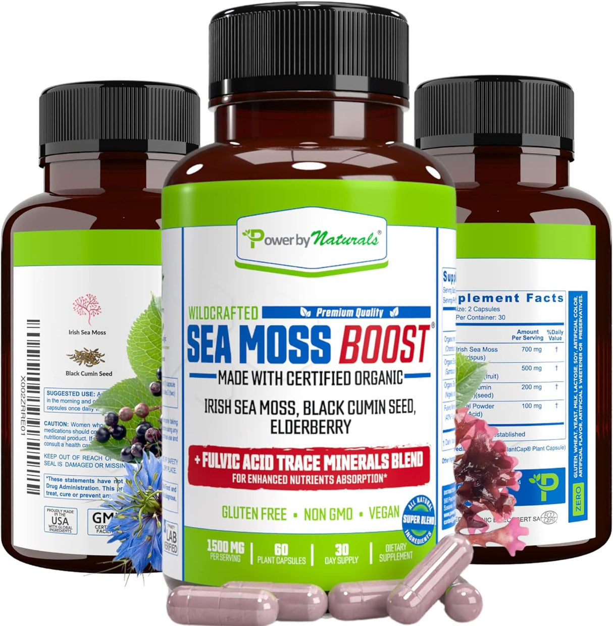 Power By Naturals Sea Moss Cápsulas Orgánicas con Aceite de Semilla Negra y Elderberry