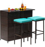 FDW Juego de 3 piezas de muebles de patio y bar, juego de muebles de mimbre con dos taburetes para patio, balcón, cojín azul