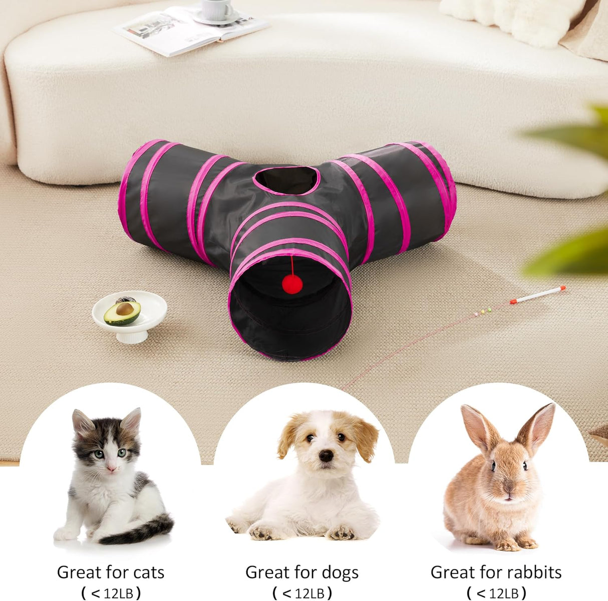 Túnel para gatos 3 vías Love's Cabin, juguete con pelota y agujero
