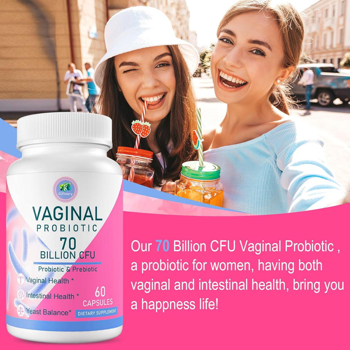Probiótico vaginal mujer, 70B CFUs, equilibrio pH, prebiotico, D-Mannosa, 60 caps