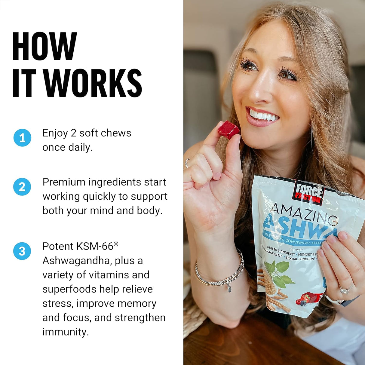 Suplemento Ashwagandha, Force Factor, 60 gomitas KSM-66